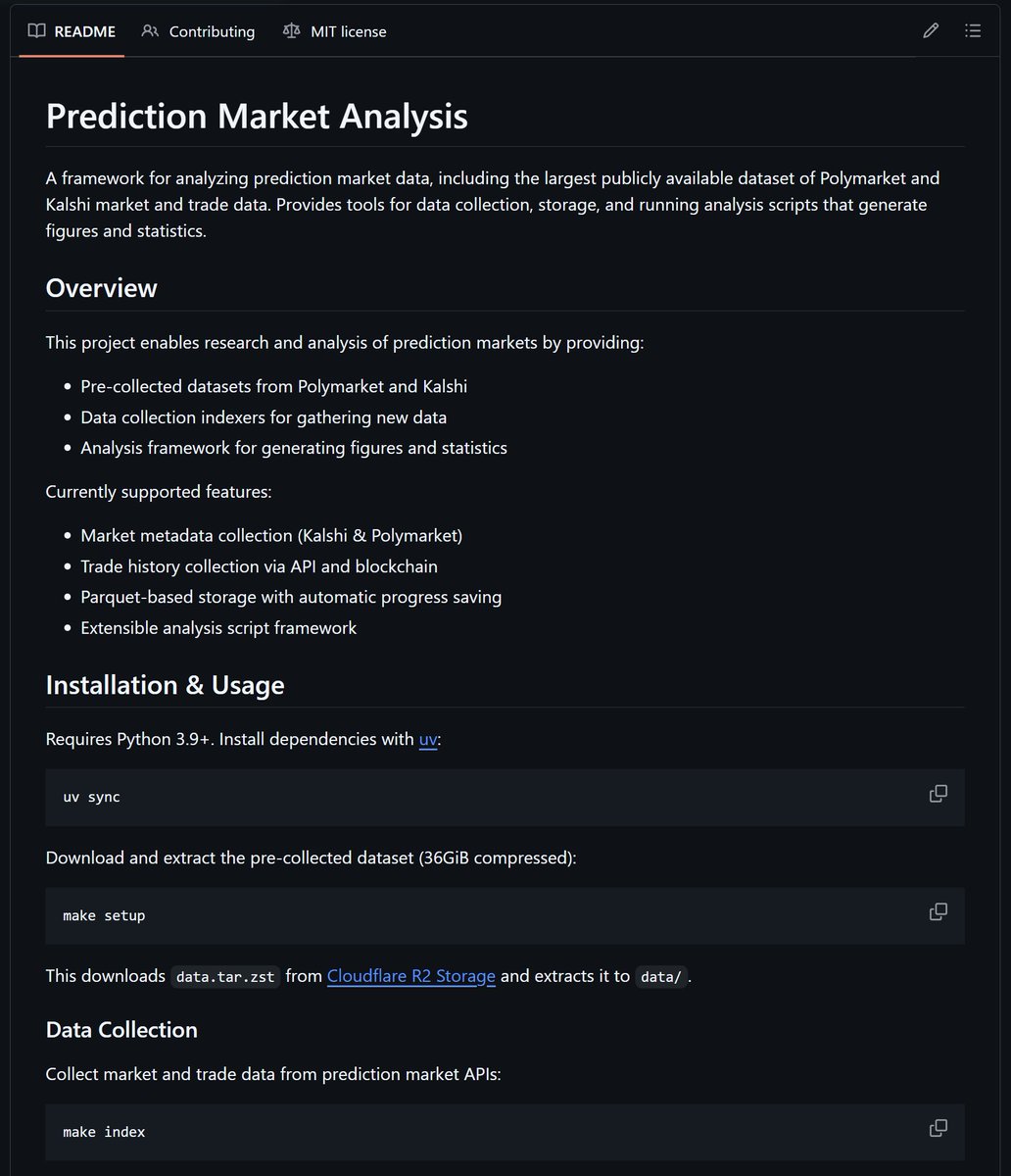 recogard's tweet photo. A Coinbase developer analyzed over 72 million Polymarket trades, collected 36GB of real analytical data and released it on GitHub for free…

This is the largest public prediction market dataset that I have ever seen. 

Here is how you can use it for trading on Polymarket:

This dataset can help you see how prediction markets actually behave and how prices usually move in different market categories from start to resolution. 

For example, you can use it to analyze and compare all historical markets within the same category and find price movement patterns that repeat over time:

Lets imagine, while working with this dataset, you discover that most movie markets are less volatile and often have a clear winner (with the highest % probability) right from the beginning - and BOOM, now this becomes your own created and tested trading strategy.

This way, you can create hundreds of different proven ideas and strategies based on real historical data.

In addition to the dataset, this repository comes with a few tools for fetching Polymarket data directly via API, so u can continuously refresh the dataset, process it, clean it and convert it into an easy excel format. You can even fetch detailed statistics for any trader who has ever traded on Polymarket.

This repo: https://t.co/qkoF6TyjJQ

Article, where the dev explains how this dataset works: https://t.co/D1YRQsvl6b