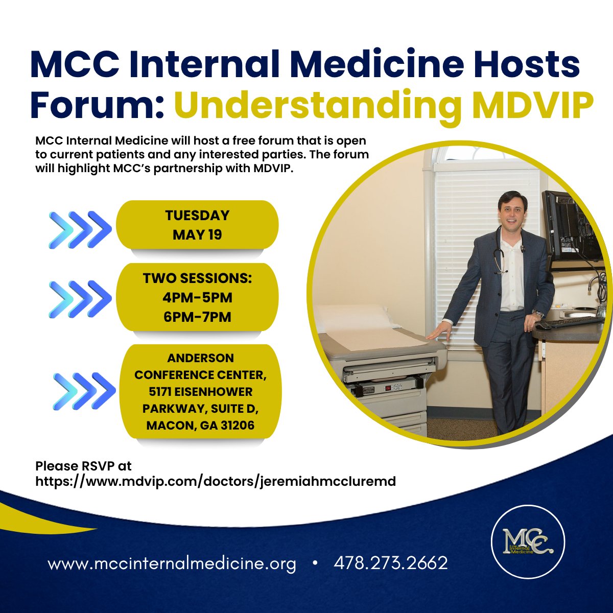MCCInternalMed's tweet photo. Join MCC Internal Medicine for a free forum: Understanding MDVIP.

🗓 Tue, May 19
📍 Anderson Conference Center
⏰ Two sessions: 4pm-5pm &amp; 6pm-7pm
🎟 Open to patients &amp; the public

More at https://t.co/hYFvecT3PQ

RSVP at https://t.co/DsXS5emUO1. https://t.co/UT9tCxyP3z