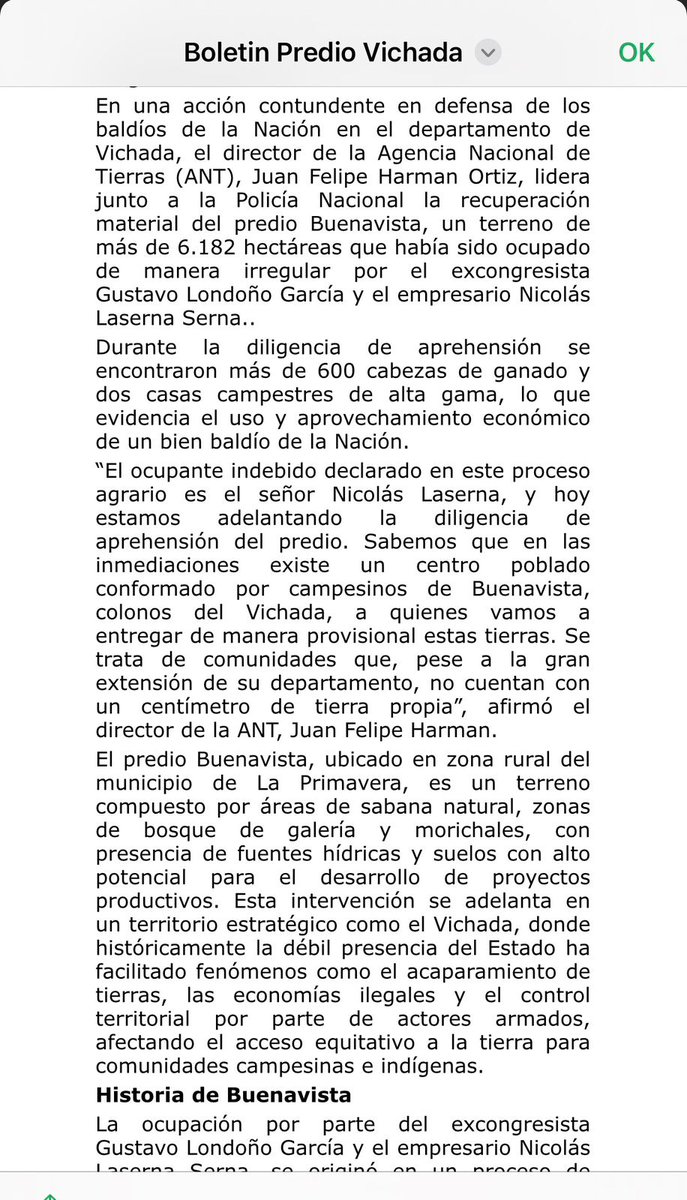 #ATENCIÓN La Agencia Nacional de Tierras recuperó el predio Buenavista, en La Primavera, Vichada, luego de lograr tumbar una sentencia judicial que buscaba legalizar su apropiación irregular por parte del excongresista Gustavo Londoño García y del empresario Nicolás Laserna