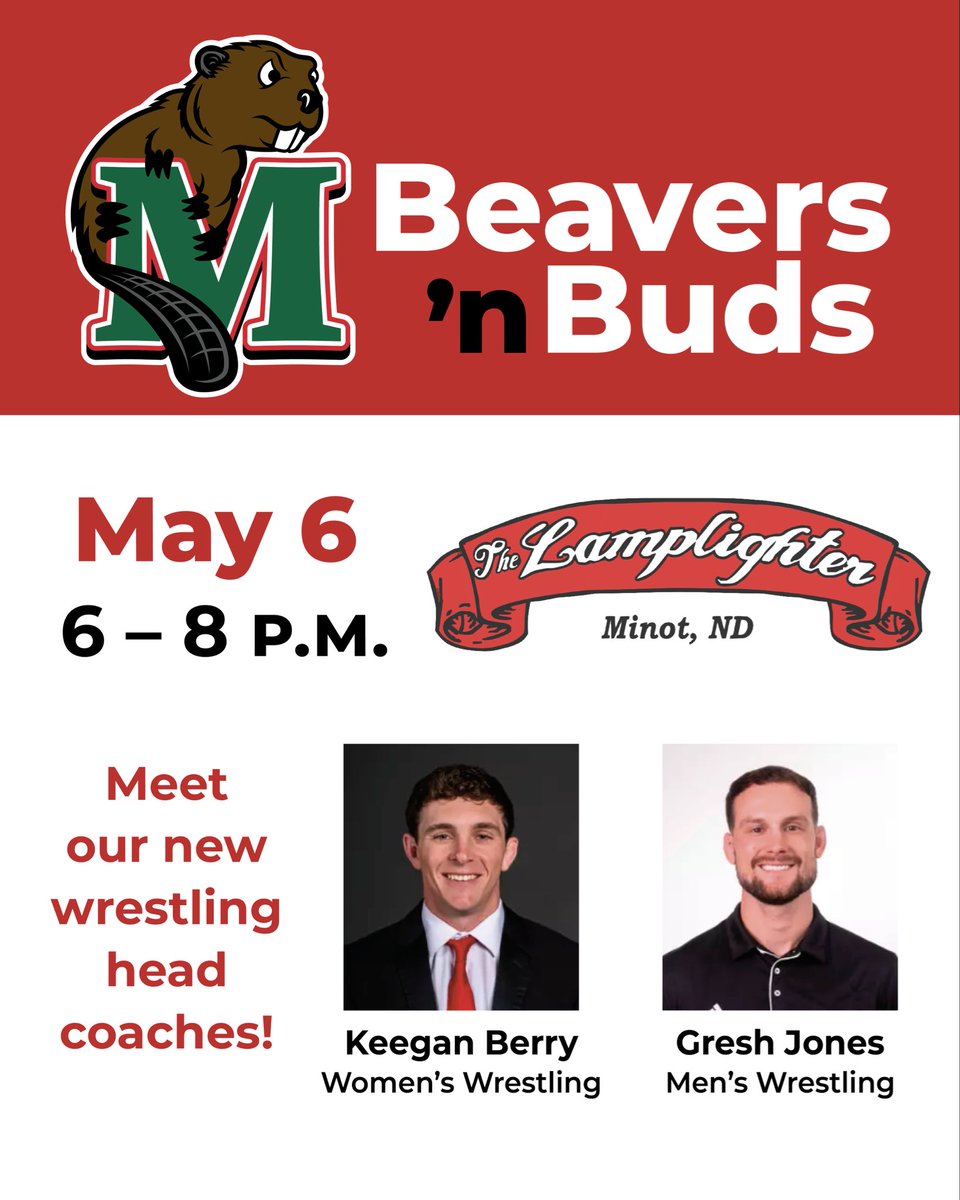 MSUBeavers's tweet photo. Make sure to come to The Lamplighter tomorrow night, Wednesday, May 6, and meet Minot State head wrestling coaches Keegan Berry and Gresh Jones. https://t.co/vdZ3AI11So