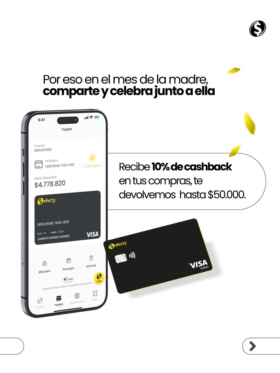 EfectyOficial's tweet image. ¡Gracias a ti má!, por cada detalle y cada momento compartido.💛​
​
Este mes consiéntela con domicilios, cafés y restaurantes y recibe 10% de #cashback pagando con tu Tarjeta débito efecty. 💳
​
Puedes recibir hasta $50.000 de retorno para seguir celebrando juntos.​

Aplican T&amp;amp;C