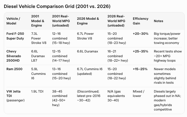 <a href="/DavidLochhead1/">ReasonableAssumption 🇨🇦 ❤️ 🇺🇸</a> <a href="/EricRStPierre/">Eric St-Pierre</a> I compared 2001 F-250/Silverado 2500HD/Ram/ etc 2001 vs 2026 diesel effeciency.

Major gains of 20-30% with today's modern engines/savings of fuel.

Short Summary: Diesel is cheaper to operate in 2026 trucks despite higher per-litre price.