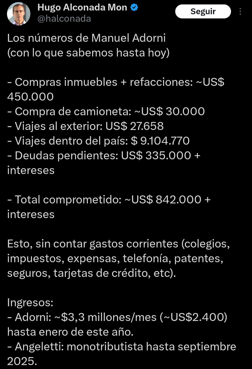"Ensobrado":
Porque el no muy brillante Hugo Alconada Mon sumó el crédito hipotecario al valor de la casa como si fueran lo mismo, con la clara intención de desinformar y querer ensuciar a Adorni. Demostrando una vez más cómo operan los periodistas.