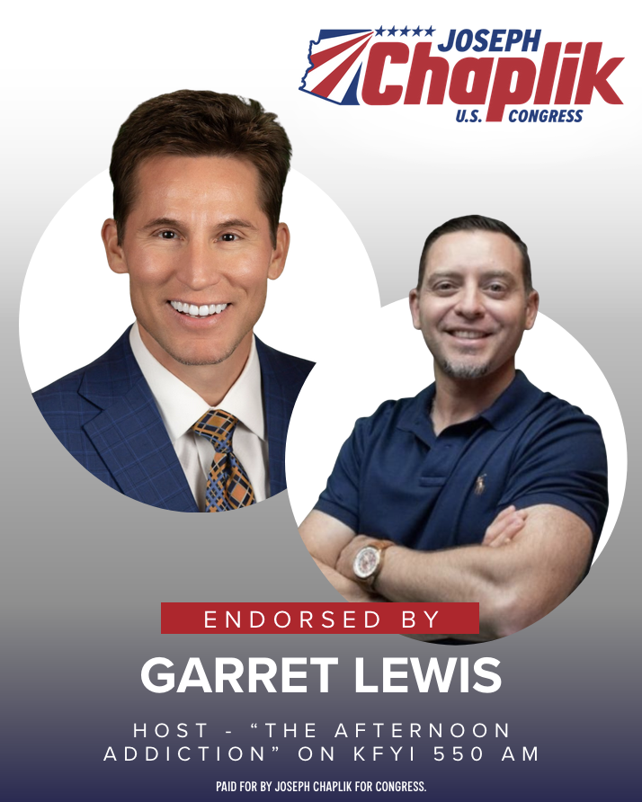 JosephChaplik's tweet photo. 🚨 Endorsement Alert

Proud to announce the endorsement of Garret Lewis, host of "The Afternoon Addiction" on 550 AM in Phoenix.

@GarretLewis has been a huge and effective voice for conservatives throughout the entire state and we are thrilled to have his support. https://t.co/8XjSLkkFAe
