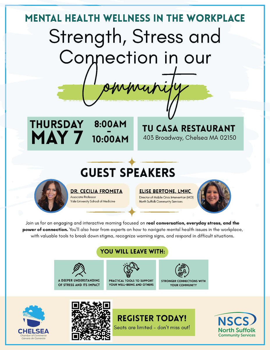 NorthSuffolkOrg's tweet photo. Last Call: Join us Thursday, May 7th for a free breakfast and Mental Health in the Workplace program.  #MentalHealthAwarenessMonth @ChelseaCommerce https://t.co/twqXLdvxcR