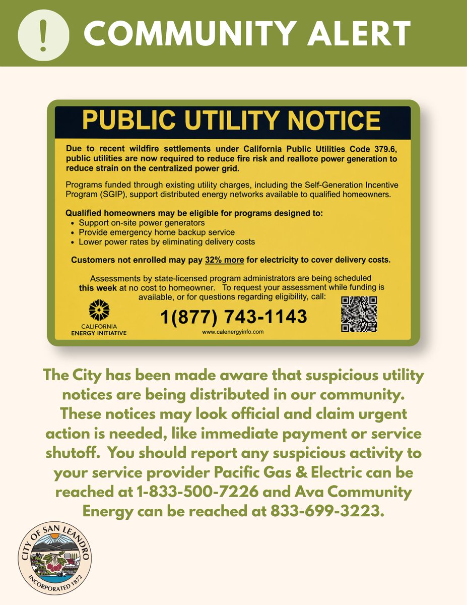 ⚠️ Community Alert

Misleading utility notices may be circulating. Verify any requests directly with your provider before taking action.

📞 PG&amp;E: 1-833-500-7226
📞 Ava Community Energy: 833-699-3223