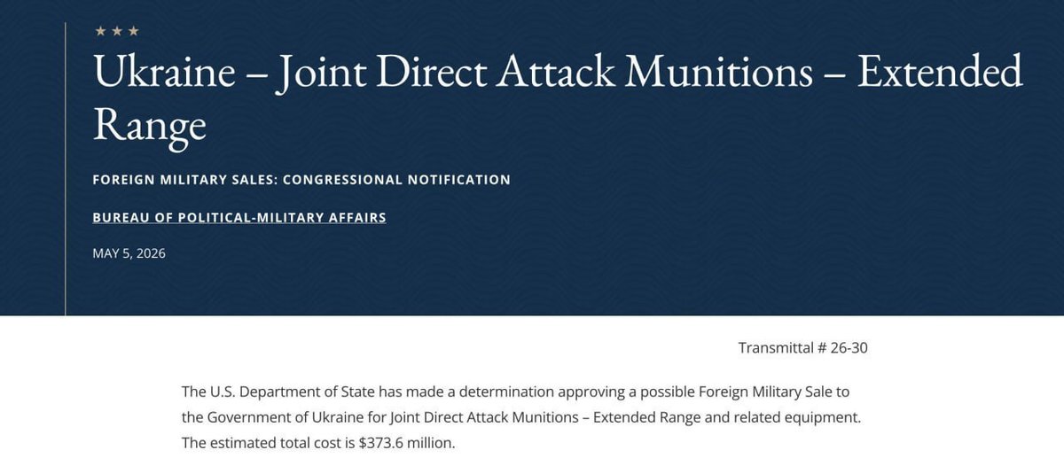 OlgaBazova's tweet photo. The US will supply Ukraine with 1,500 extended-range JDAM aerial bombs — State Department

▪️The US State Department has approved the potential supply of more than 1,500 extended-range JDAM aerial bombs to Ukraine, along with related equipment. 
▪️The total value of the deal is $373.6 million.
➖"The sale will contribute to the foreign policy and national security objectives of the US and will not alter the military balance in the region", the department stated.

What was that about the US stopping the military aid to Ukraine again?