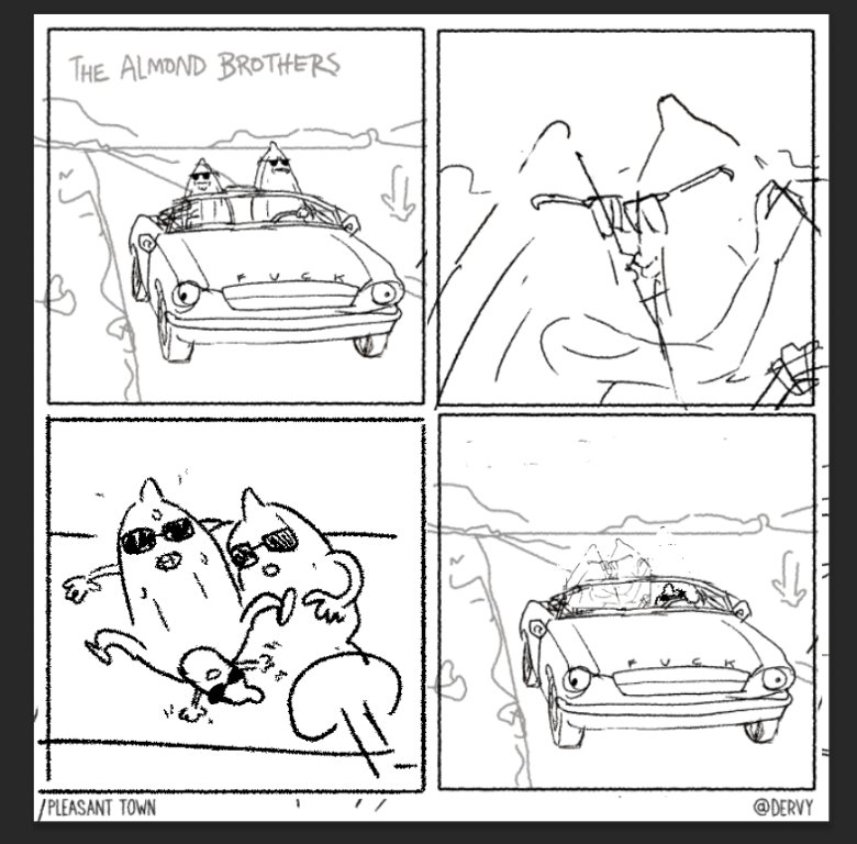 Dervy's tweet photo. I've been uploading alternate punchlines and sketches from Pleasant Town to my ko-fi. you can see more if you subscribe, but this one you can have for free, because I love you 😘 https://t.co/kDEvikxdoO