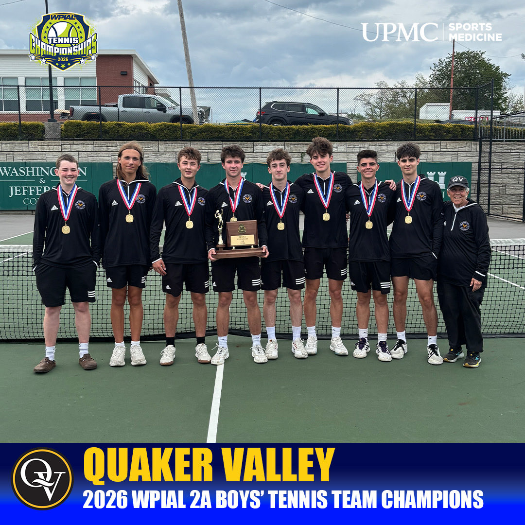 wpial7's tweet photo. 🥇 𝗤𝗨𝗔𝗞𝗘𝗥𝗦 𝗕𝗔𝗖𝗞 𝗢𝗡 𝗧𝗢𝗣 🥇

With a 3-2 victory in today’s championship match, Quaker Valley is the WPIAL / UPMC Sports Medicine Class 2A Boys’ Tennis Team Champion - its fifth WPIAL team title! Congrats Quakers 💪

#WPIAL | 🎾🏆 https://t.co/ja6oomhB8o