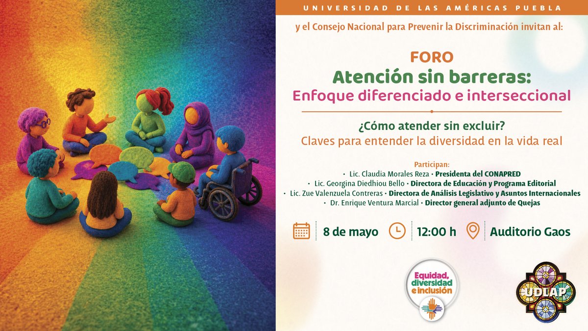 La Universidad de las Américas Puebla, en conjunto con el <a href="/CONAPRED/">Conapred</a>, invita al foro:
Atención sin barreras: Enfoque diferenciado e interseccional
📅 8 de mayo
⏰ 12:00 h
🎦 Transmisión por <a href="/tvudlap/">TVUDLAP</a> 
La UDLAP reafirma su compromiso con la equidad, la diversidad y la inclusión a