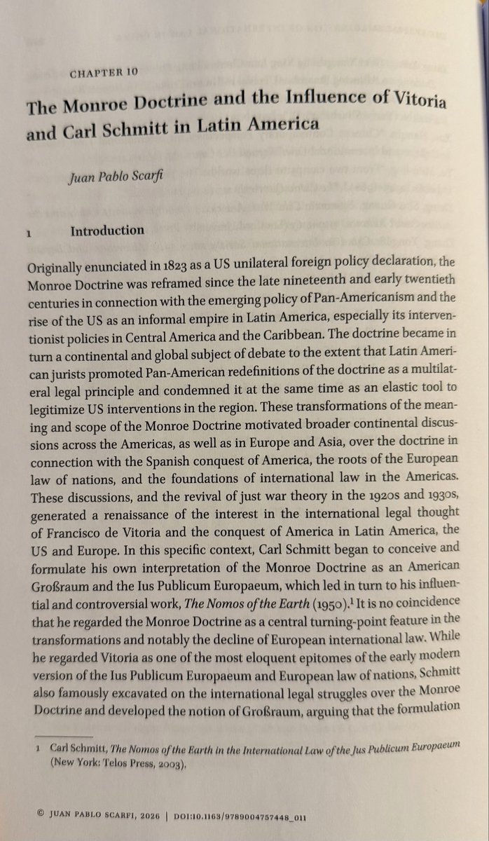 JPScarfi's tweet photo. 🥂Just received a copy of the book, Carl Schmitt and Francisco de Vitoria: The Paradox of Universalism in International Law, edited by Ignacio de la Rasilla &amp; José María Beneyto. It includes my chapter, The Monroe Doctrine and the Influence of Vitoria and Schmitt in Latin America https://t.co/xyiV0sdXI1