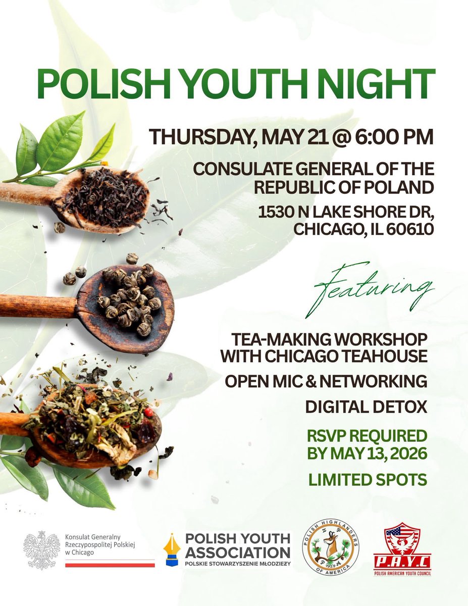PLinChicago's tweet photo. Polish Youth Night is coming to Chicago! ✨🇵🇱🇺🇸

🗓 May 21 | 6:00 PM 
📍 Consulate General of Poland, Chicago 👤 Ages 18-35 
⏳ RSVP by May 13!

Sign up here: https://t.co/HAaDa21f1R https://t.co/QLWemer172
