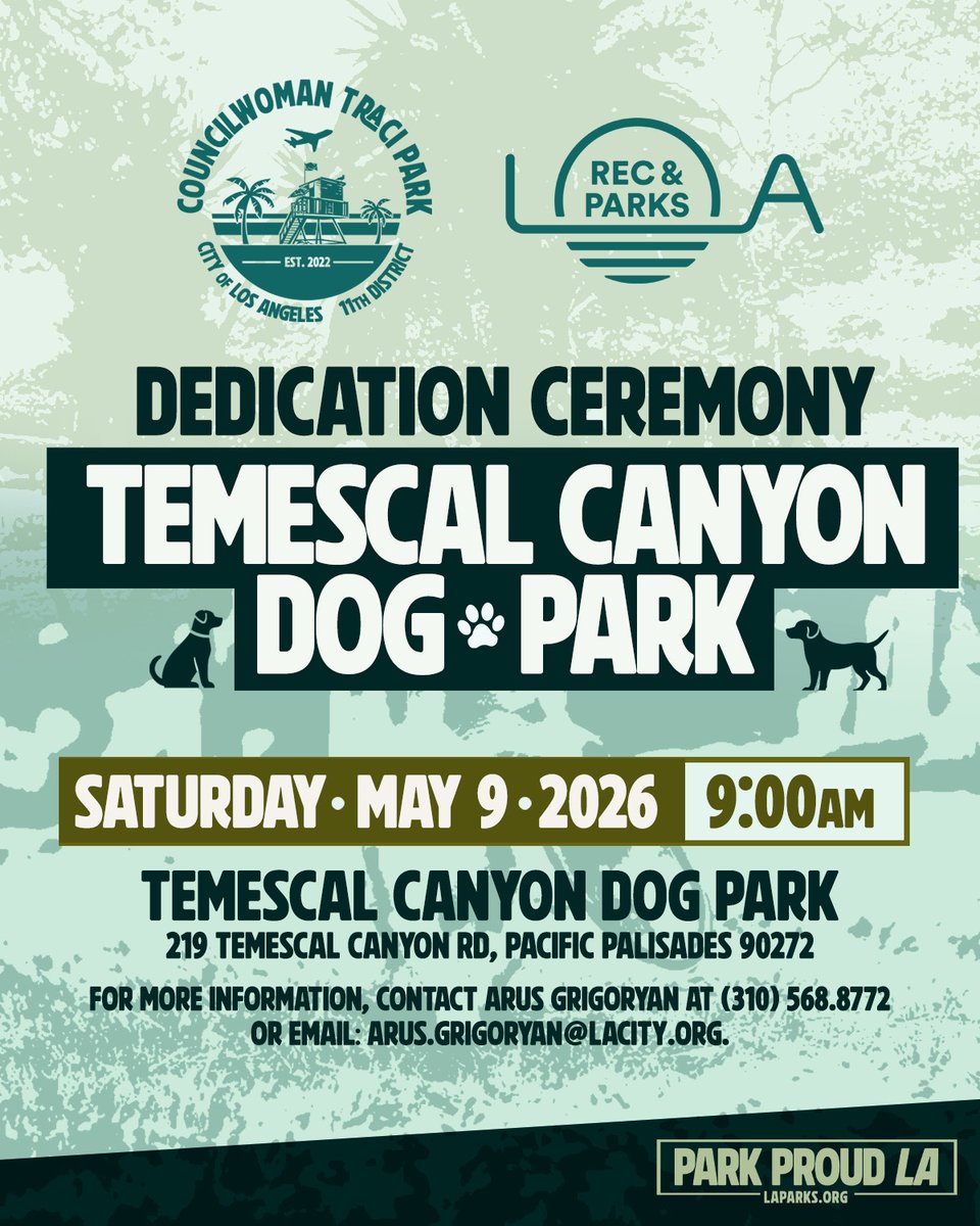 LACityParks's tweet photo. Join us for a celebration at the Temescal Canyon Dog Park this Saturday! Enjoy the sun, nature, and all the fun with our furry friends 🐶

📍219 Temescal Canyon Rd, Pacific Palisades, CA 90272
📆 Saturday, May 9
🕒 9:00 AM

#EverythingUnderTheSun #ParkProudLA #LACityParks https://t.co/a3Zk2Kvw7Y