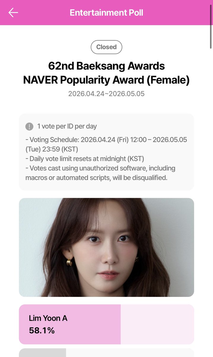 SoshiPopBase's tweet photo. Congratulations to Yoona for winning the 62nd BaekSang Awards NAVER Popularity Award!!!🎉🎉 https://t.co/S53tMRtaNG