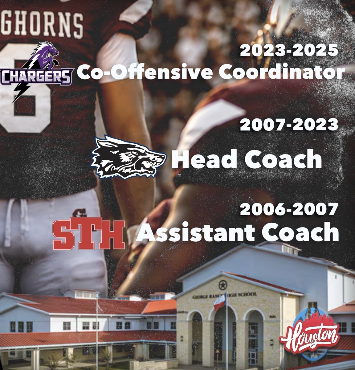 houhsfb's tweet photo. 🚨 COACHING NEWS 🚨

Jomaul Mason named Head Coach at George Ranch High School.

Mason comes over after stops at Westside and Fulshear, bringing a fresh vision to the Longhorns program and its future.  

New energy. New direction in Lamar CISD.

#HoustonHSFootball #TXHSFootball https://t.co/prg1Rpuge9