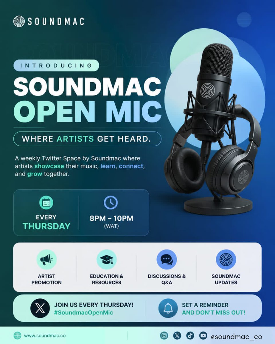 soundmac_co's tweet photo. Introducing Soundmac Open Mic
Happening LIVE on Twitter Spaces
Every Thursday | 8PM – 10PM (WAT)
Showcase your music. Learn. Connect. Grow.

 Set a reminder &amp; join us https://t.co/5QDQIaP1zK