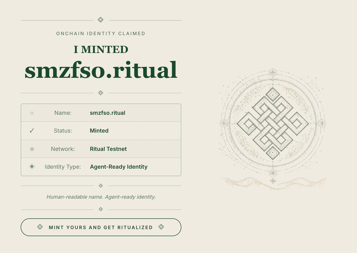 Smzfso's tweet photo. It's cool!!! @ritualfnd 

I just minted smzfso.ritual on Ritual Testnet! (❖,❖)

Get your own on-chain identity → https://t.co/UUet6gpaam https://t.co/l6K90FRT4N