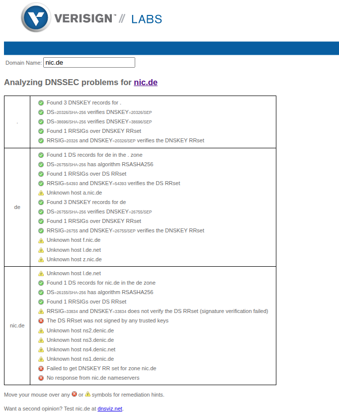 NodePing's tweet photo. If you're getting DNS errors on services with .de domains, know that .de is experiencing a DNSSEC failure. https://t.co/3yI9zacJAb
