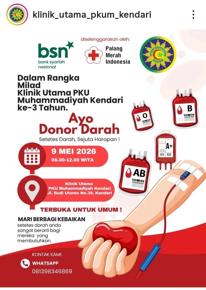 muammarkendari's tweet photo. Mari kita donor darah dalam rangka Milad ke-3 Klinik Utama PKU Muhammadiyah Kendari. https://t.co/YtGeGYWJum