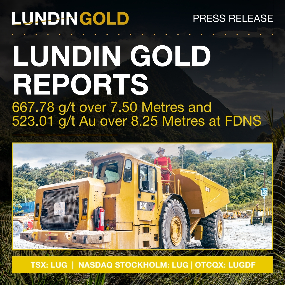 LundinGold's tweet photo. $LUG Reports 667.78 g/t over 7.50 Metres and 523.01 g/t Au over 8.25 Metres at FDNS

Highlights:
• Fruta del Norte South: Conversion drilling returned the 2nd and 4th highest grade-thickness gold intercepts ever drilled across the entire FDN mining property, reinforcing FDNS as a primary driver of Mineral Resource and Reserve growth.

• Fruta del Norte East: Drilling returned the highest-grade interval ever recorded at FDN East, confirming northward vein continuity and an expanding deposit footprint with additional exploration upside.

• Fruta del Norte: Near-mine drilling intercepted the upper continuity of the main mineral envelope close to existing underground infrastructure, highlighting further growth opportunities.

For full details: https://t.co/XWGenM9A5z