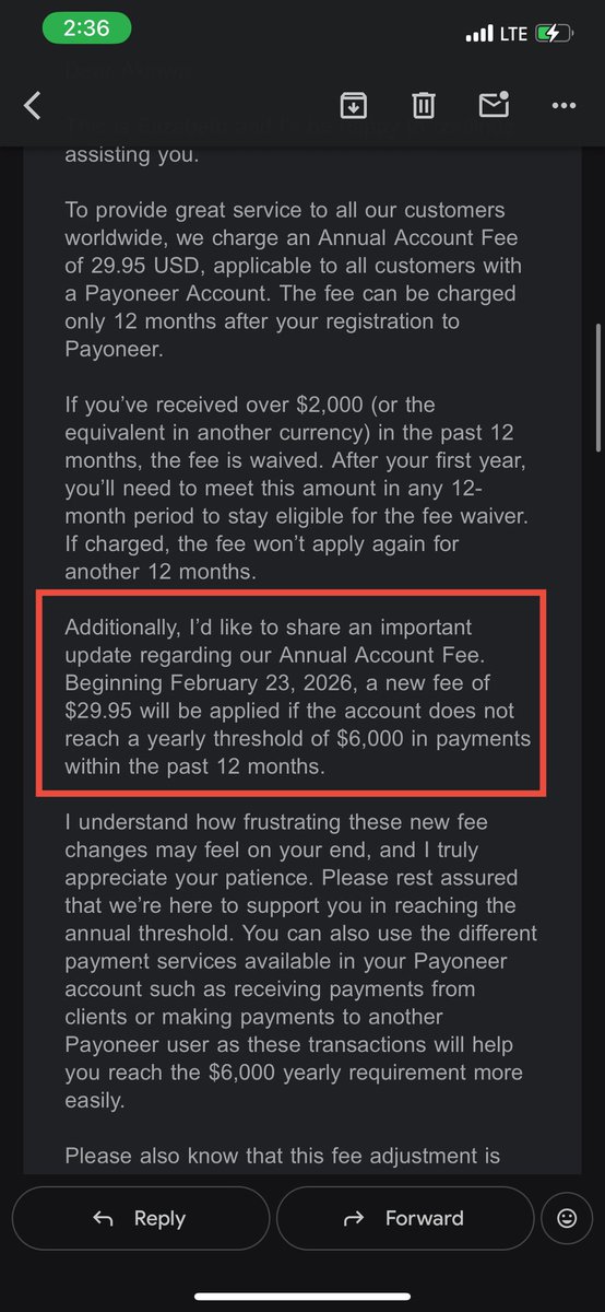 DEEPedge__'s tweet photo. @Payoneer_Help Hello @Payoneer_Help please explain this email I received from Elizabeth from Payoneer. Does this mean you are going to remove another 29.99 from my account after you removed the annual payment fee of 29.9 just last week? I don’t understand it https://t.co/LVClk6RhYb