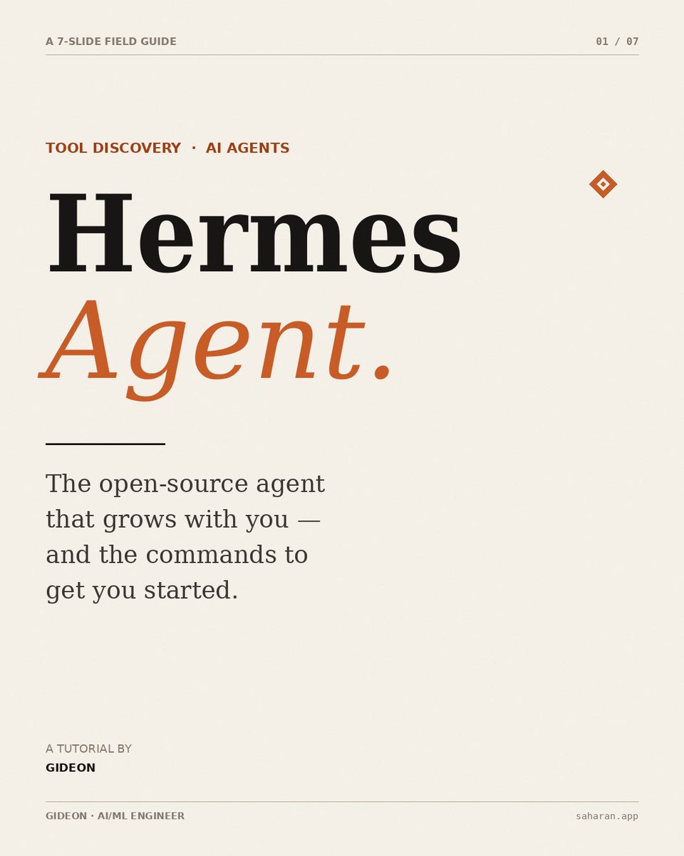 gideon_tech1's tweet photo. 7 slides. Everything you need to get started with Hermes Agent — the open-source AI agent that actually remembers you.

By Nous Research. MIT licensed. Lives on Telegram, Discord, Slack, or your terminal.
Save this for later. Try it this weekend.

#AI #OpenSource #DeveloperTools https://t.co/v2Dc8v8h3W