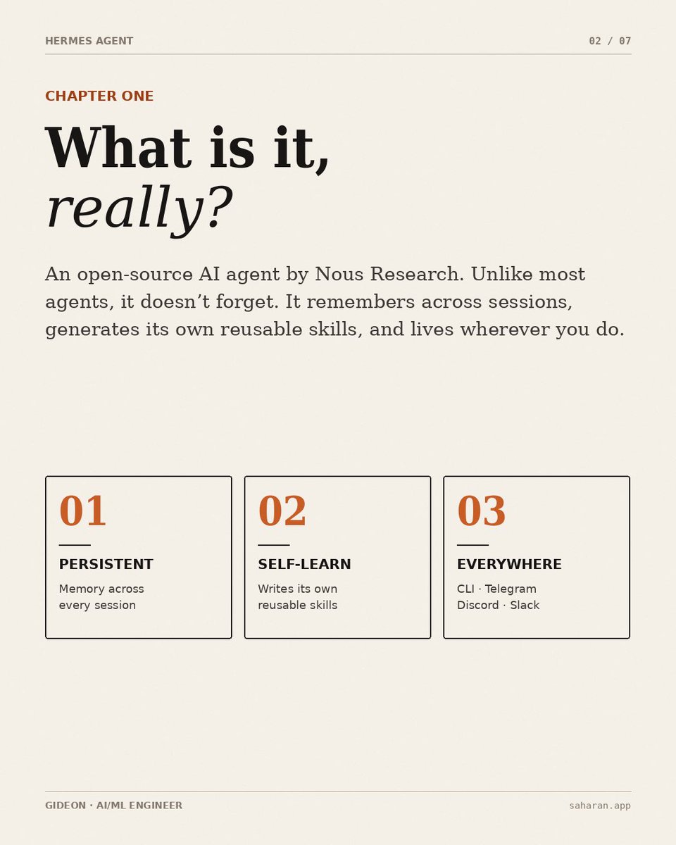 gideon_tech1's tweet photo. 7 slides. Everything you need to get started with Hermes Agent — the open-source AI agent that actually remembers you.

By Nous Research. MIT licensed. Lives on Telegram, Discord, Slack, or your terminal.
Save this for later. Try it this weekend.

#AI #OpenSource #DeveloperTools https://t.co/v2Dc8v8h3W