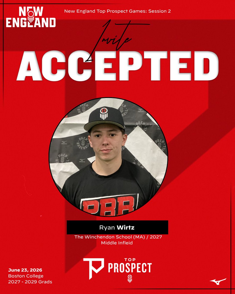 PBNewEngland's tweet photo. 𝗧𝗣𝗚 𝗜𝗻𝘃𝗶𝘁𝗲 𝗔𝗰𝗰𝗲𝗽𝘁𝗲𝗱 ☑️

2027 MIF Ryan Wirtz (The Winchendon School, MA) will be attending Session 2 of the New England Top Prospect Games.

👤 https://t.co/d9bYsJ5CLd | @ryan_wirtz https://t.co/5DjQYm67GT