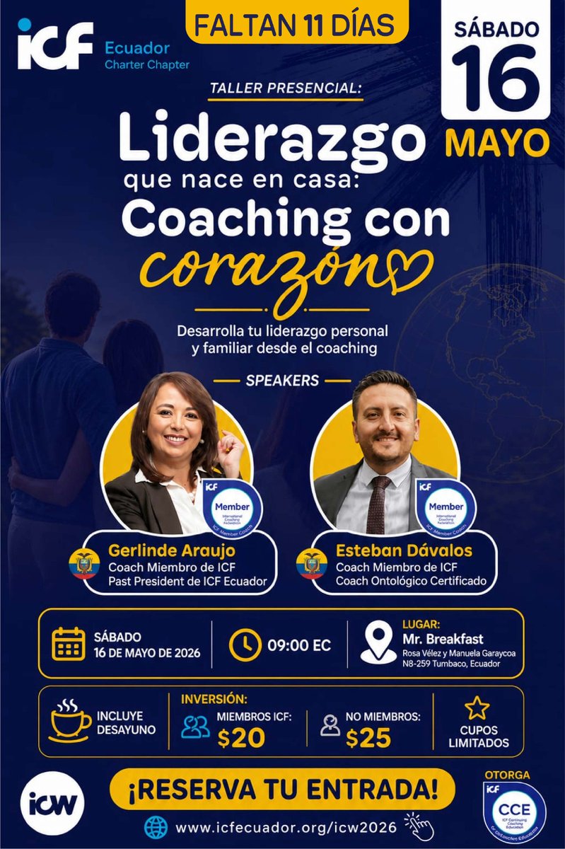 icfecuador's tweet photo. 🌅✨ Faltan 11 días para vivir una experiencia de liderazgo que nace en casa ✨🌅

No te pierdas PRÓXIMO SÁBADO 16 de mayo el taller presencial *“Liderazgo que nace en casa: Coaching con corazón”
🔗 Reserva aquí: https://t.co/yJjyjxV8Al

#ICFEcuador #InternationalCoachingWeek https://t.co/2eVt6w8W0M