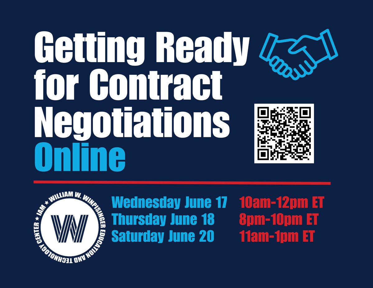 IAMW3Center's tweet photo. Our June Online Training Session is Getting Ready for Contract Negotiations. Sessions will be held June 17, 18, and 20 (pick the session that works for your schedule!). Scan the QR code to see all 2026 trainings and register. https://t.co/yFMtcLB4af