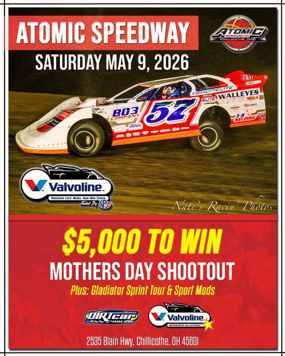 tilleyracing's tweet photo. Back to @AtomicSpeedway for the second time this season for the “Mother’s Day Shootout” this Saturday May 9 paying $5,000 to win plus Gladiator Sprint Tour 410 Sprint Cars and Sport Mods. This will be the first of ten Valvoline Weekend Allstars Series events on the tour. The champion of the 10-race mini-tour receives $2,000 and we’ll pay the top ten positions at the end of the season.

In the last series visit April 11, Caiden Black was the winner of the Sprint to Spring event over Adam Stricker, Rod Conley, R.J. Conley & Kyle Moore. Josh Rice is the defending race event winner. 

Visit https://t.co/Y4fNG6UvDE for tickets and further information. 

Visit https://t.co/JXLbEKGyBP for more information on the @Valvoline / American Late Model Iron-Man Series fueled by VP. 

Current Series Points:
1-R.J. Conley-114
2-Caiden Black-113
2-Rod Conley-113
4-Justin Cooper-97
4-Todd Brennan-97
6-Colten Burdette-91
7-Miles Cook II-90
8-Seth Daniels-81
8-Travis Carr-81
10-Drake Troutman-80
10-Ryan Markham-80