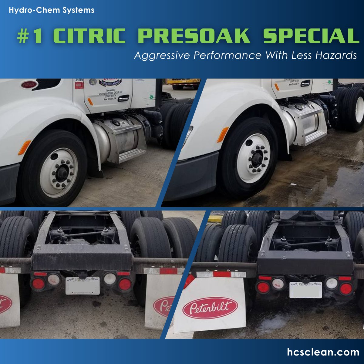 HydroChemSys's tweet photo. Need aggressive fleet brightening without the extreme hazards? #1 Citric Presoak Special has 3-4x less HF and zero sulfuric acid. It offers long-term protection for your assets and your people while restoring a clean shine. #FleetWashing #HCS #TruckCleaning https://t.co/HpRH8HRGdT