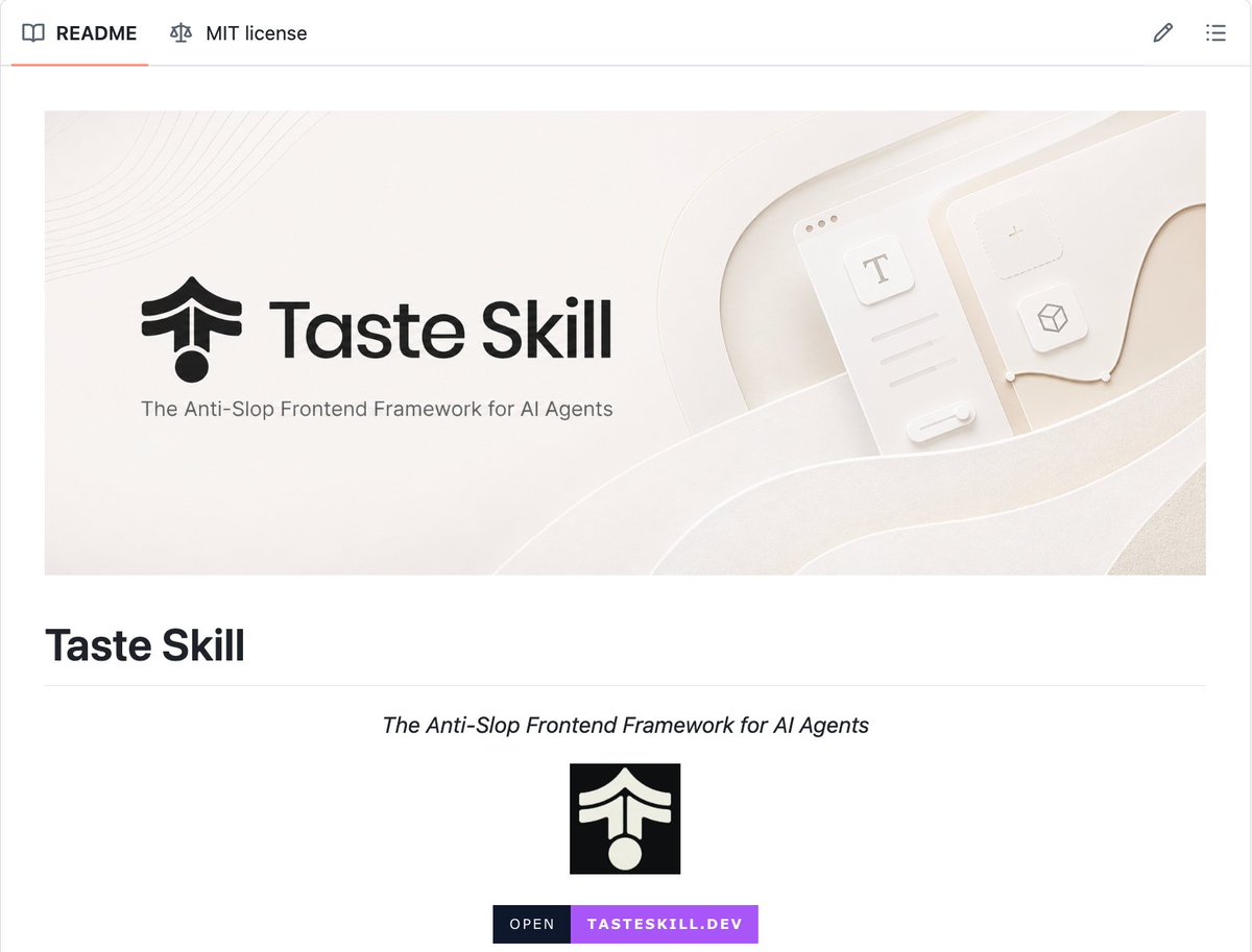 GithubProjects's tweet photo. Taste-skill - gives your ai good taste. stops the ai from generating boring, generic slop

Explore more:

https://t.co/JNl6ej7CiB https://t.co/MGhzHls2rB