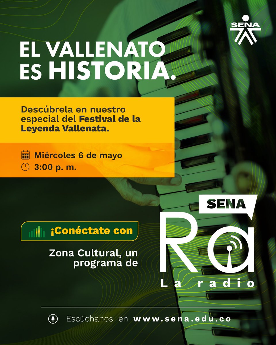 SENAComunica's tweet photo. En nuestro especial de #SENARA te contaremos parte de la historia del Festival de la Leyenda Vallenata
Conéctate mañana a las 3:00 p. m. 👇👇
https://t.co/WzweWRaOhS https://t.co/HiXWjvTQlI