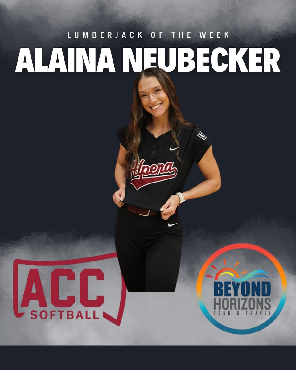 ACCLumberjacks's tweet photo. Alaina Neubecker is the Beyond Horizons Tour and Travel Lumberjack of the Week for the week of April 27-May 3. Alaina led the ACC Lumberjacks Softball team to a 3-1 record for the week, going 9 for 14 with 2 doubles, 2 HR, 6 RBI and 8 runs scored, posting a .643 BA and 1.920 OPS. https://t.co/nqlnvB4MxR