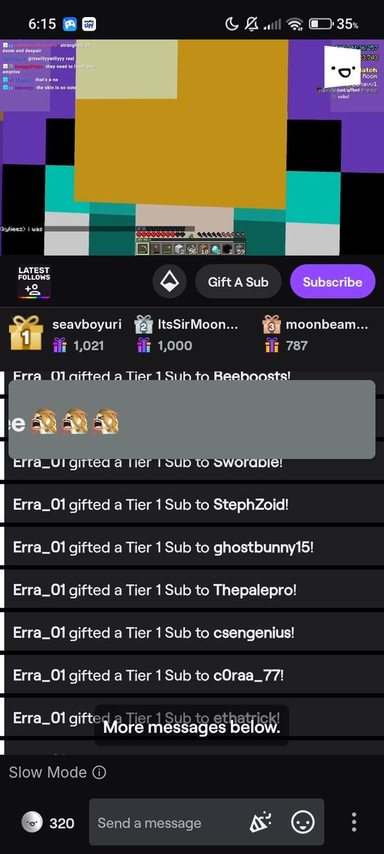 lunaneverfound's tweet photo. JUST IN! At Saparata's current live, Erra donated a huge amount of subs to random live viewers. 

LET'S ALL SAY W ERRA!!

#saparata #saps #minecraft #WErra https://t.co/Ds3E6etACi