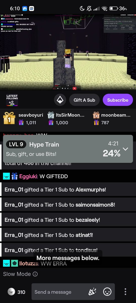 lunaneverfound's tweet photo. JUST IN! At Saparata's current live, Erra donated a huge amount of subs to random live viewers. 

LET'S ALL SAY W ERRA!!

#saparata #saps #minecraft #WErra https://t.co/Ds3E6etACi