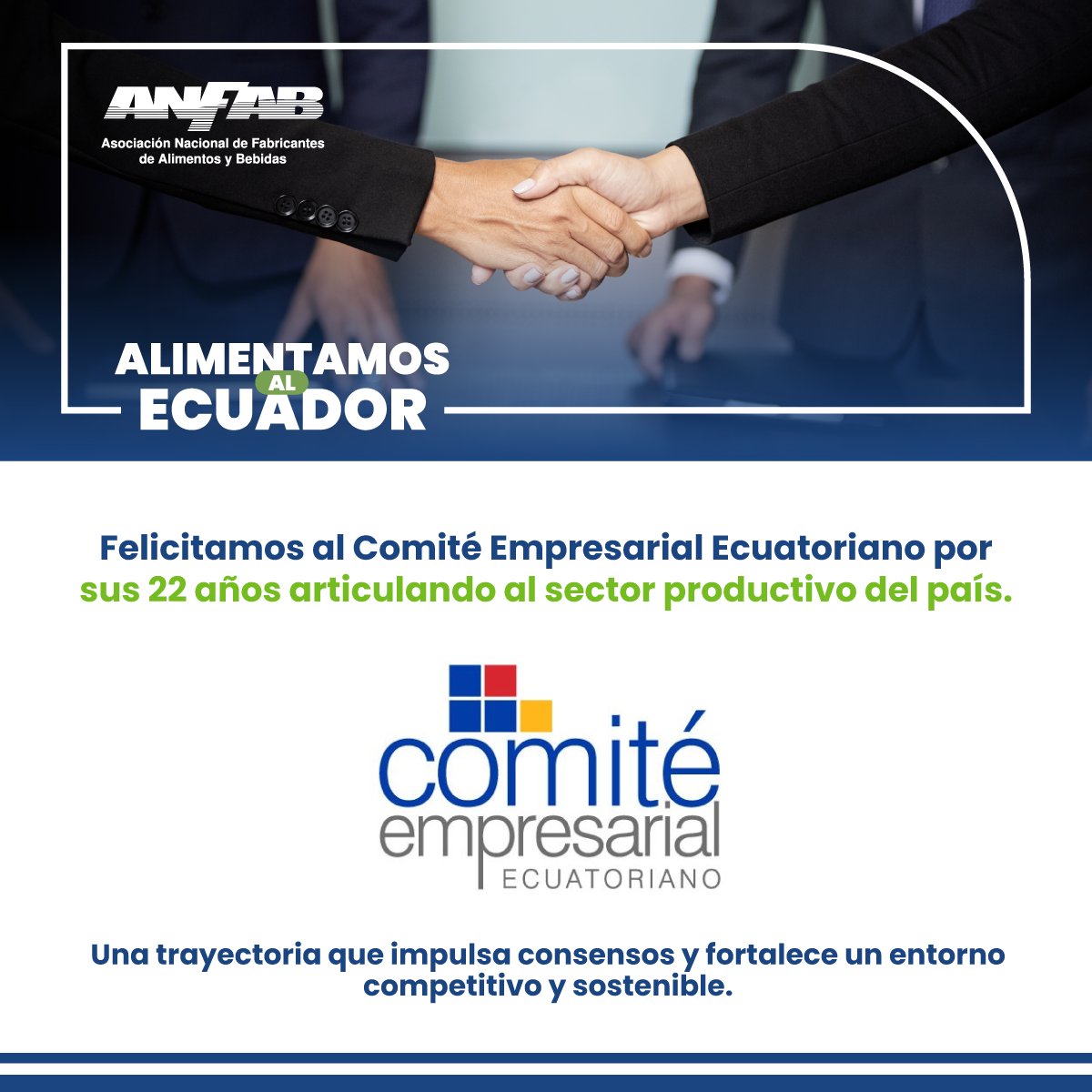 ANFAB_Ec's tweet photo. Extendemos un reconocimiento especial al @CeEcuatoriano   por sus 22 años de trabajo articulando al sector productivo y promoviendo un entorno que fortalece la competitividad, la institucionalidad y el desarrollo del país.

#ANFAB #CEE22Años https://t.co/0CUctnCKgz