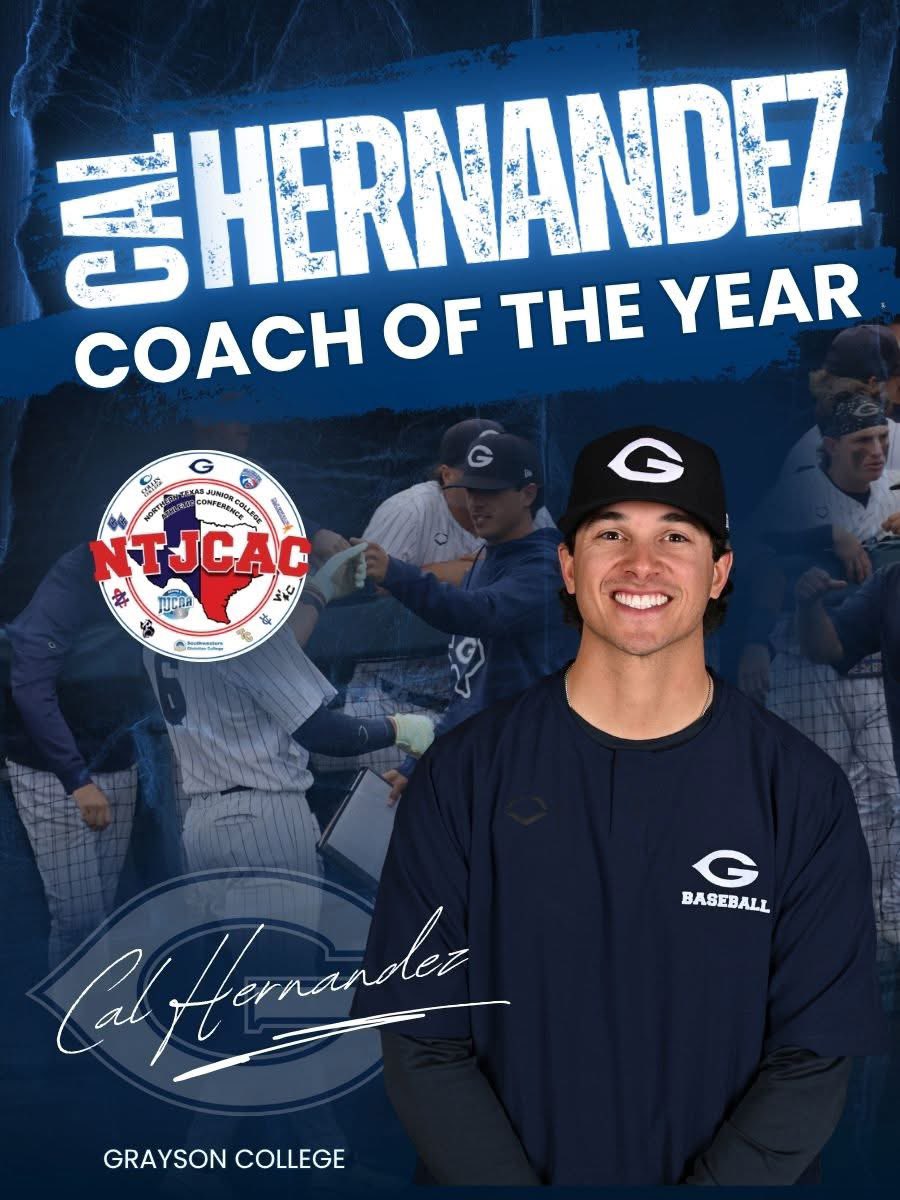 GraysonBaseball's tweet photo. #awardseason! Starting off by recognizing 2X NTJCAC COY Cal Hernandez! 

In year four, he's eclipsed 100 wins, back-to-back conference titles, three straight 30+ win seasons and three straight Region V Tournament appearances! #GWAY 

@CalHernandez1 @T_Hanson4 @FlanaganConnor_ https://t.co/CI20E2GRGw