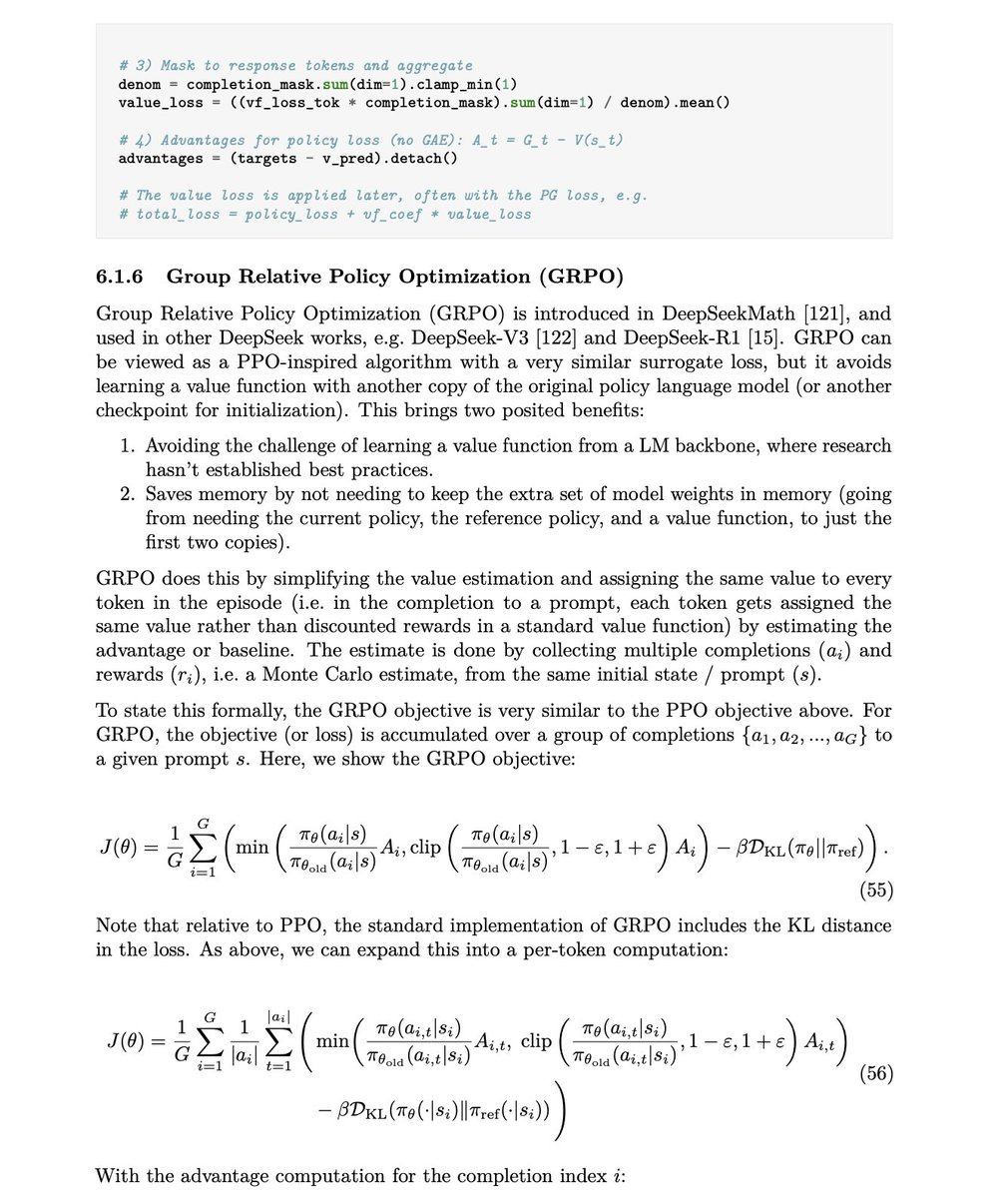 Reinforcement Learning (i.e., Policy Gradient Algorithms)
- Vanilla Policy Gradient
- REINFORCE
- REINFORCE Leave One Out (RLOO)
- Proximal Policy Optimization (PPO)
- Group Relative Policy Optimization (GRPO)
- Group Sequence Policy Optimization (GSPO)