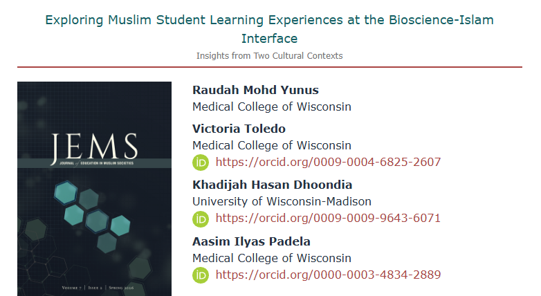aasim_padela's tweet photo. Findings from our @templeton_fdn funded project designing and testing a novel #bioscience & #islam curriculum are out. This piece uses reflective essays to assess knowledge gain and views on conflict between religion and science; across US high schoolers and Malaysian college students, increased knowledge and less conflictual views. Congrats Raudah, Victoria and Khadijah
