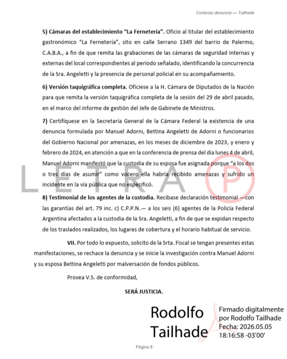 🚨 Tras la denuncia del Gobierno por presunto espionaje ilegal a Adorni, el diputado Tailhade pidió la geolocalización del vehículo oficial y las cámaras de “La Fernetería”, donde estuvo Bettina Angeletti