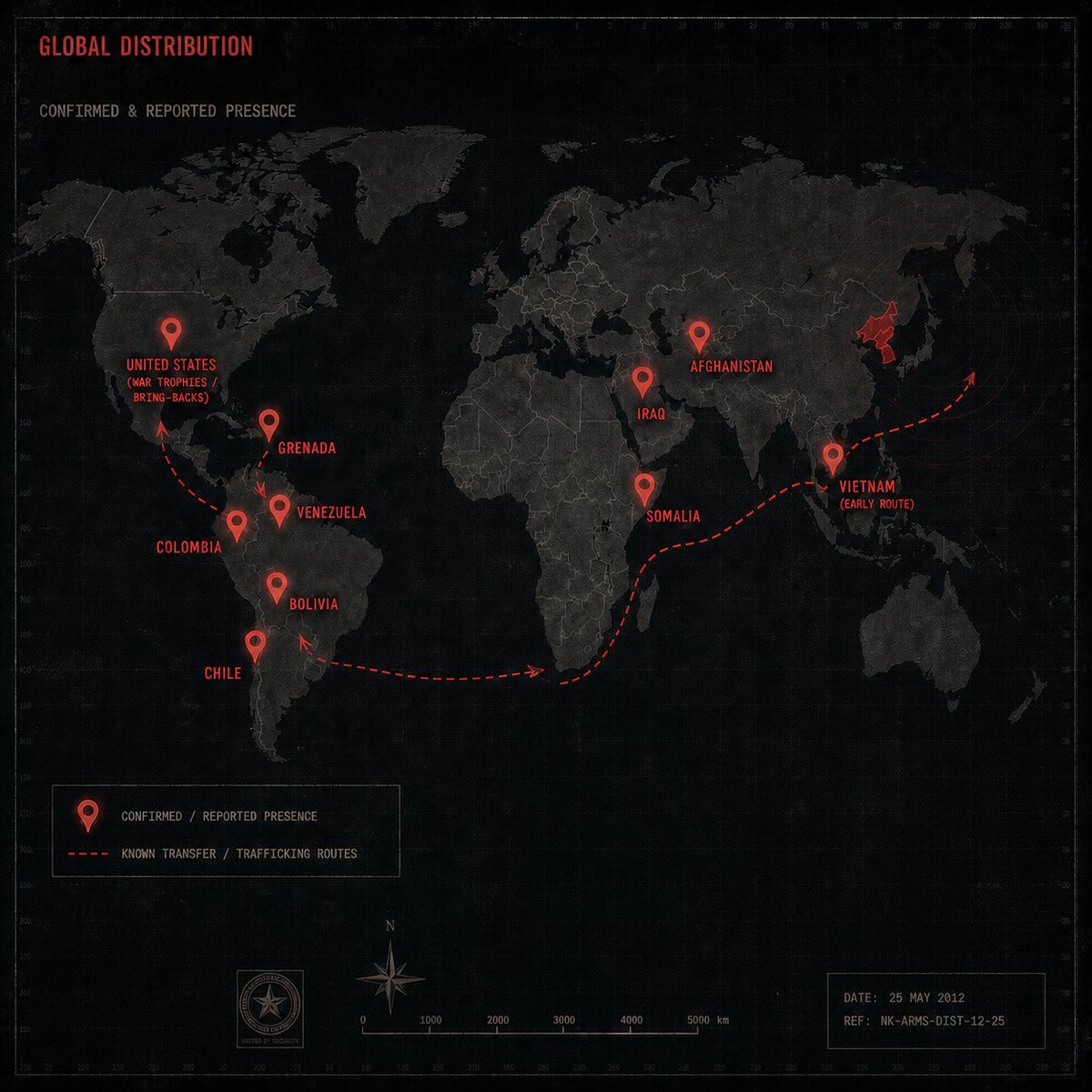 BDS_observer's tweet photo. Sanctions and embargoes shaped everything that followed. Later North Korean variants featured intentionally confusing markings — designed to obscure their origin and complicate tracing.
Despite the secrecy, these rifles have surfaced across multiple conflict zones: Afghanistan, Iraq, Grenada, Somalia, Venezuela, Colombia, Bolivia, and Chile.
Some made their way to the U.S. as war trophies (often called "bring-backs" by collectors) — initially through Vietnam, and later from other regions.