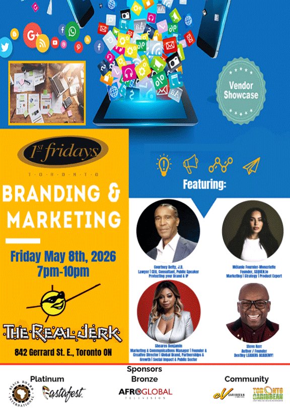 FirstFridaysTO's tweet photo. 1st Fridays Toronto - Branding &amp; Marketing Edition

Friday, May 8th, 2026

7pm-10pm

The REAL JERK Restaurant,
842 Gerrard St. E., Toronto ON

Registration: https://t.co/P7bwiume0c

Vendor opportunities are available through the registration link. https://t.co/tuklmMp7H4