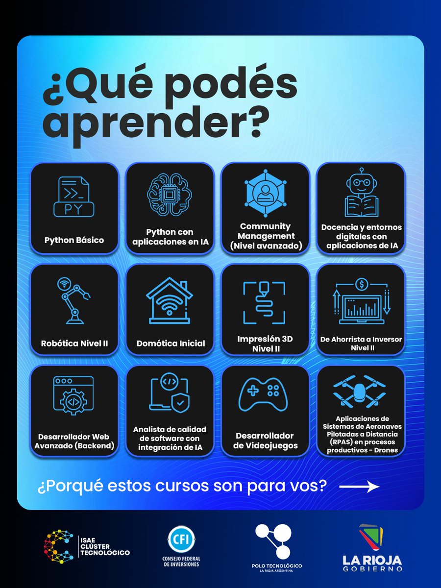 PoloTecLR's tweet photo. Sí: son gratuitos.
Y no es casualidad.
Tecno Aliados abre una nueva edición y es gratis por decisión del Gobernador @QuintelaRicardo, con el respaldo del Consejo Federal de Inversiones.

La formación como política pública.
👉Inscripción en https://t.co/iY1shCoYYJ https://t.co/VLpq96IjMF