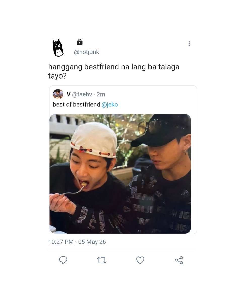 dalliijunks's tweet photo. "akin naman yan tol"
a short #taekookau 
- wherein jungkook finds out taehyung’s crush and starts acting exactly like him, just to make taehyung fall for him instead.

#trending #au #bts #taekook #kpoptwt #btstwt https://t.co/9ToSESenMc