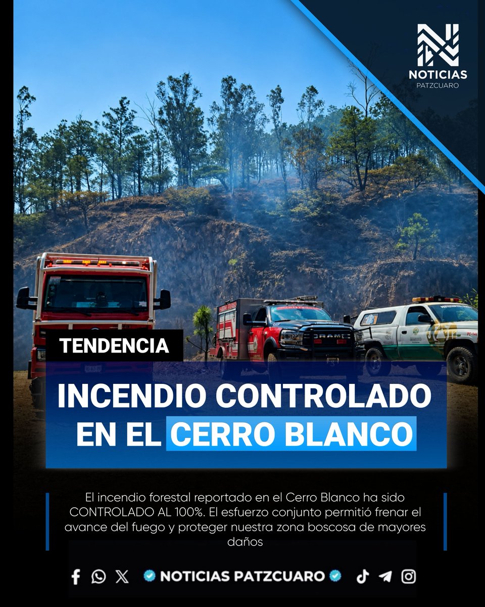 NoticiasPatz's tweet photo. 🚨 ¡BUENAS NOTICIAS! Reportan CONTROLADO AL 100% el incendio forestal en el Cerro Blanco de #Pátzcuaro. ✅🌲 Gran labor de la Brigada 726 y la Delegación local. ¡No bajemos la guardia y evitemos las quemas! 🔥🚫 #Michoacán #Incendio #Prevención #PuebloMágico https://t.co/JCr2mdrg51