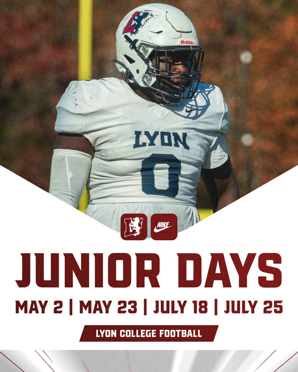 _Lyon_Football's tweet photo. Class of 2027! Come visit us on a Junior Day and learn about the #LyonWay!

https://t.co/oTcrbK2Rpj

Be sure to fill out our recruiting form as well and your position coach will be in touch!

https://t.co/ySd6B3Dj5o

*Class of 2027 ONLY!

#LyonWay #FastandFurious #d3fb https://t.co/nDAMM29mdZ