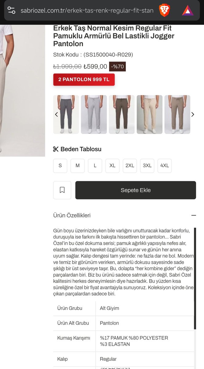 sinapsmatik's tweet photo. Sabri Özel markasına ait yanıltıcı bir satış. İlan başlığında pamuklu yazıyor. Evet üründe pamuk var ama sadece %17. Geri kalan %80'i polyester ve %3 elastan. Polyesterli pantolon yazsalar biliyorlar ki kimse almayacak, pamuklu yazarak kandırabildiklerini kandıracaklar. @ticaret https://t.co/dIXjdJLlGg