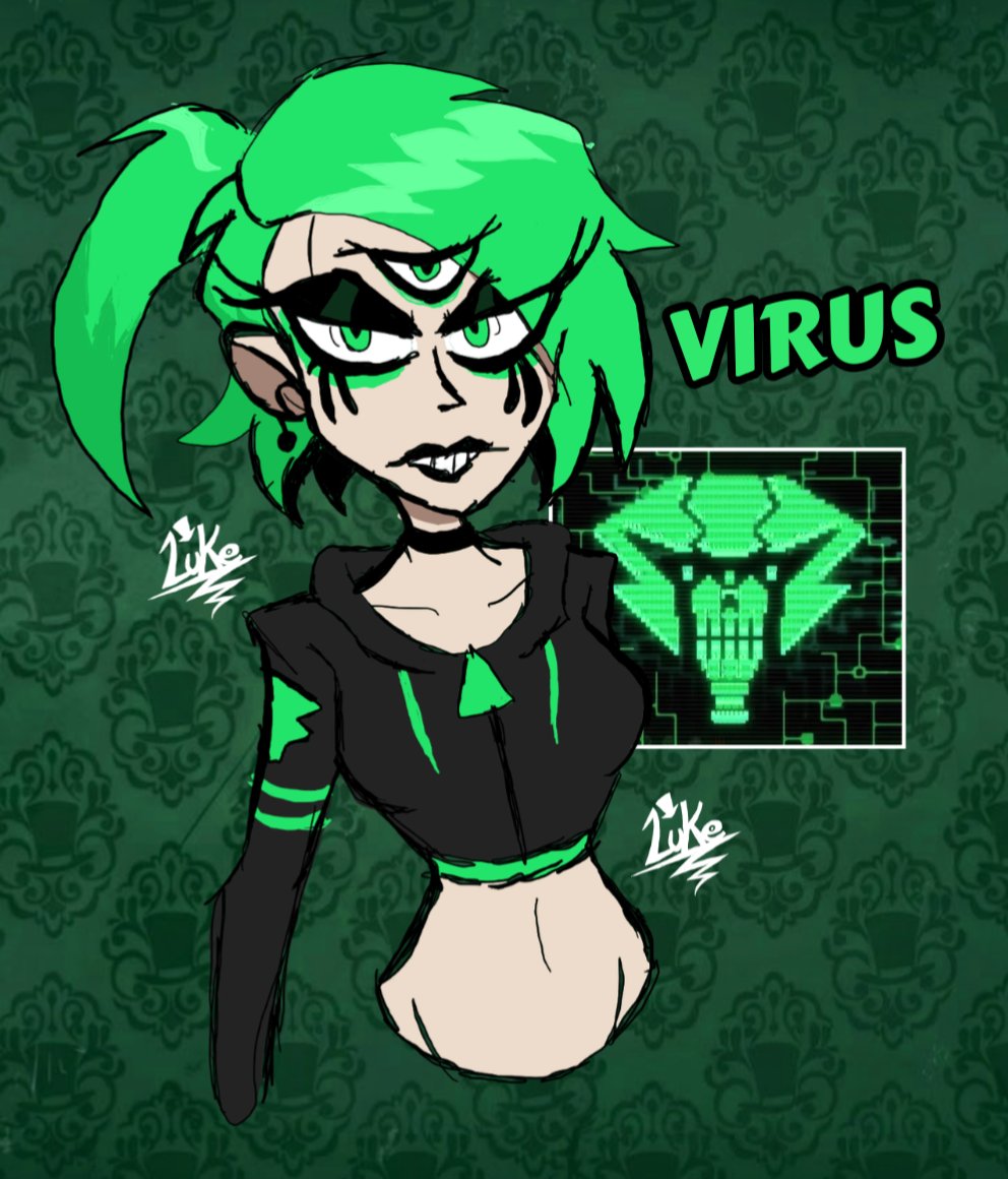 🎩 — Viendo que andaban diciendo esto de Virus, pues nosé, le hice una versión "Humana" si su cuerpo, es un cuerpo femenino (Manteniendo la voz pese a eso) lo dejo, luego la mejoro arreglando detalles, por mientras la subo así jsjs 👀✨

#villainous #oc #fanart